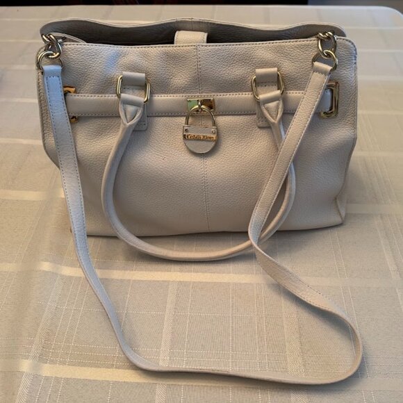 Calvin Klein White Leather Belted Satchel Bag with Crossbody Strap  - Picture 1 of 8
